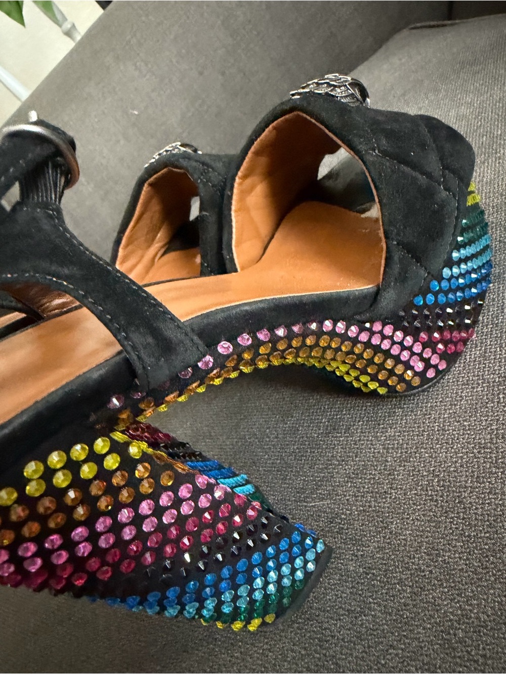 Kurt Geiger Black Suede Platform Sandals with Multicolor Rainbow Crystal Heel - Picture 6 of 7